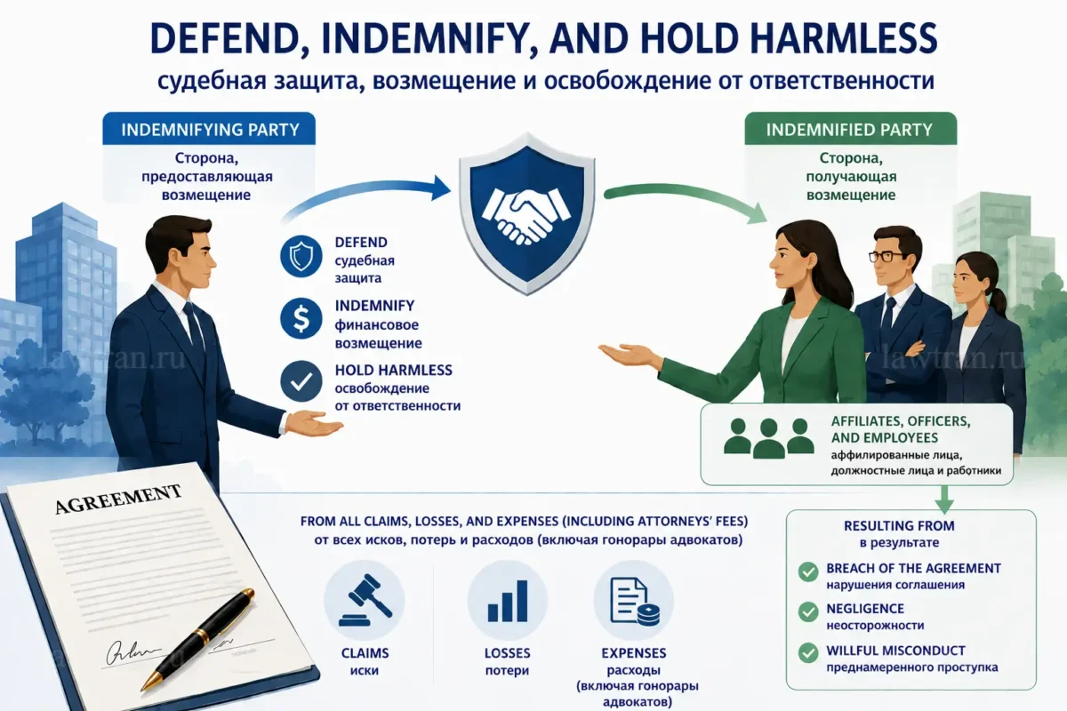 Перевод примера с defend, indemnify and hold harmless